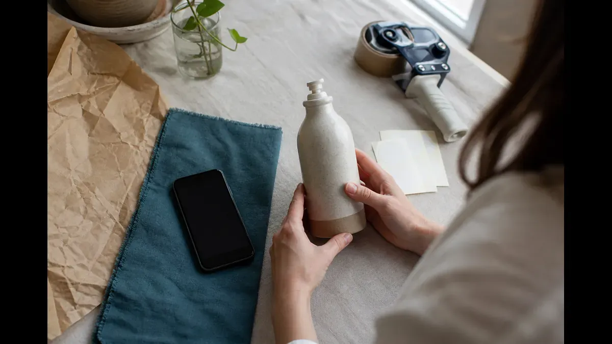 Hands staging a ceramic pump bottle for a Story product shot beside packing tape, blank sticker sheets, kraft paper, and a blank phone