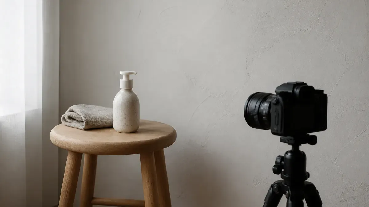 Ceramic product bottle on a wood stool in front of a camera on a tripod, ready for a product demo video