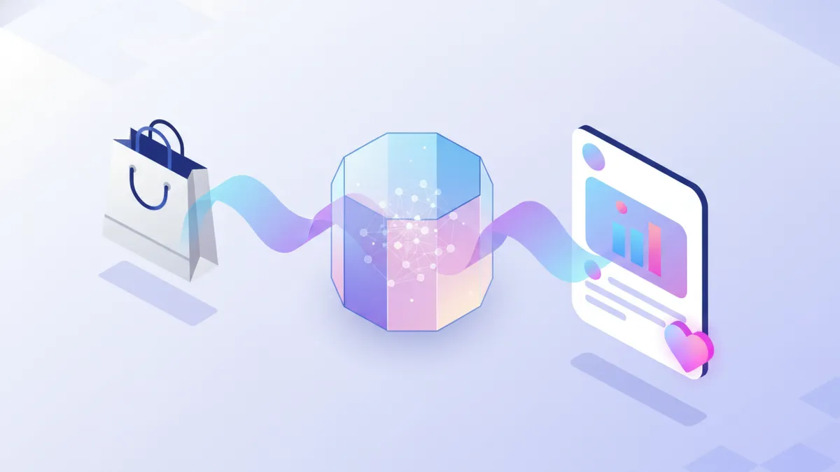 Illustration of a shopping bag transforming through a prism into a social media post, visualizing product auto-posting.