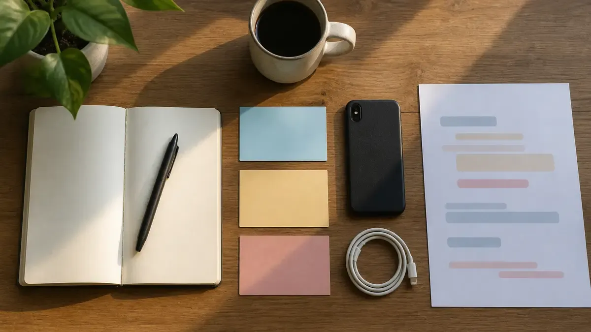 Overhead desk with a blank notebook, stacked colored index cards, a face-down phone, and an abstract printout for planning a bio link path