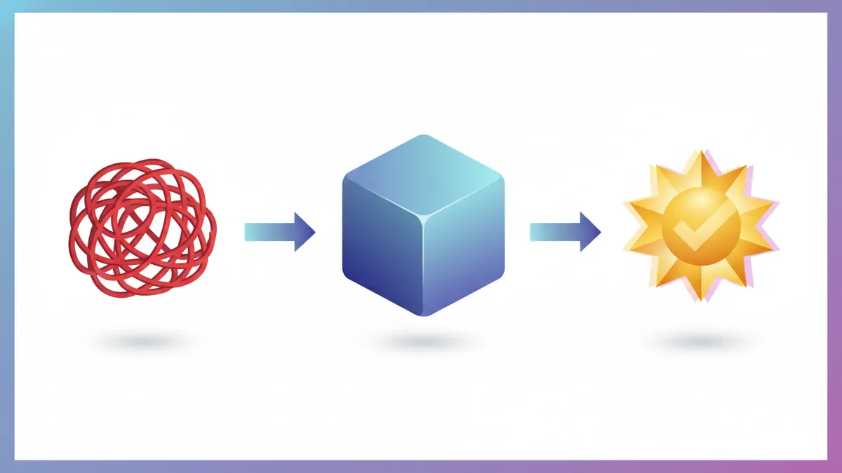 Illustration of the PSP Framework: a chaotic knot representing the Problem, a clean cube representing the Solution, and a star badge representing Proof.