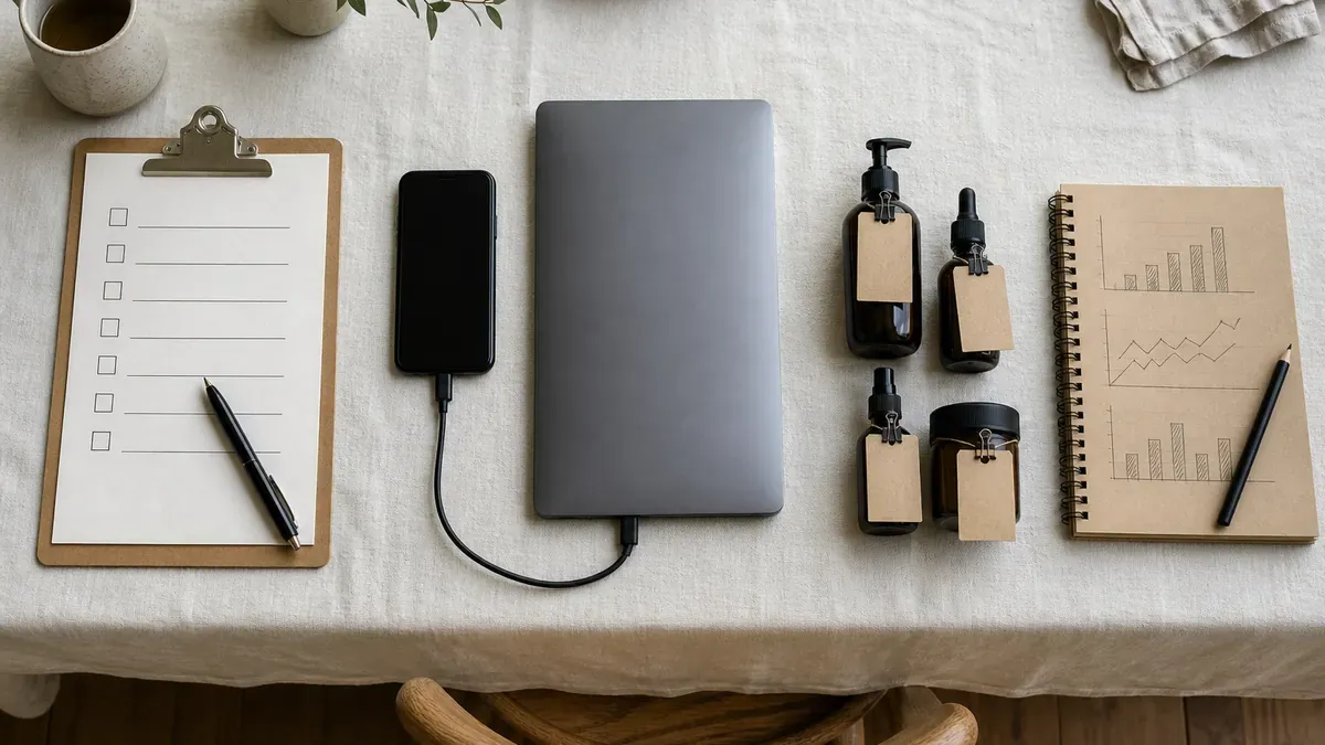 Four desk stations with a checklist, connected devices, tagged product bottles, and a simple analytics notebook for Qualify-Connect-Tag-Track