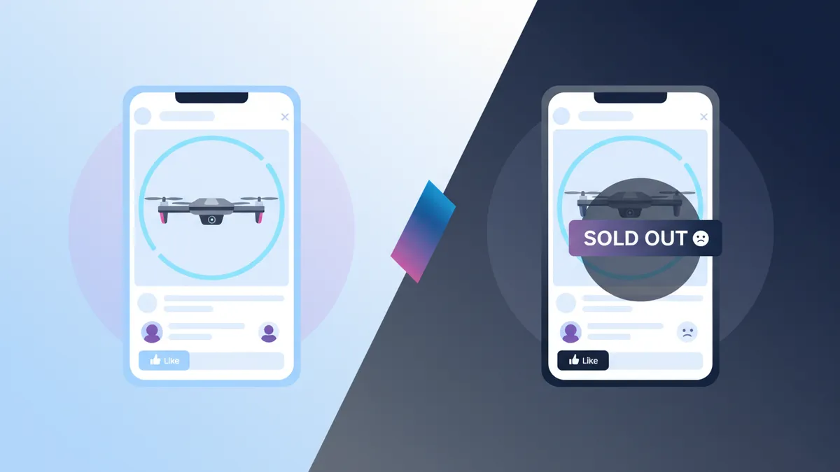 Illustration showing the disconnect between a recycled social media post and a sold-out product.