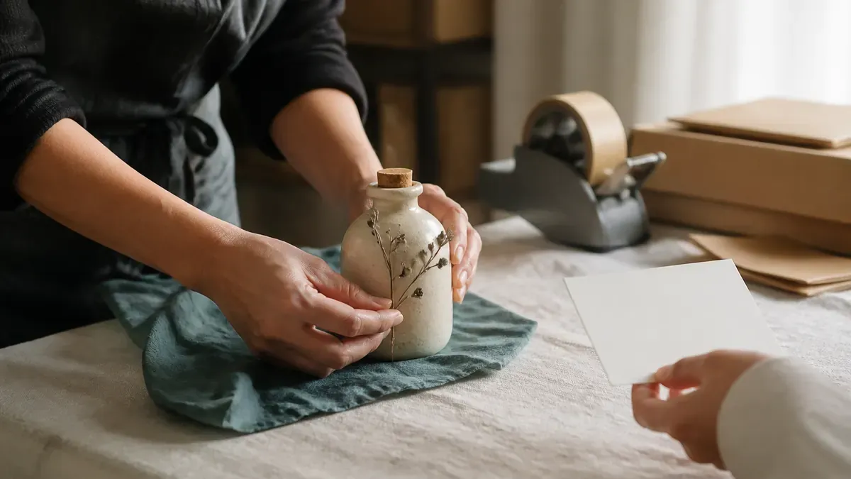 Merchant hands styling a ceramic bottle with dried botanicals on linen while a blank cue card waits nearby