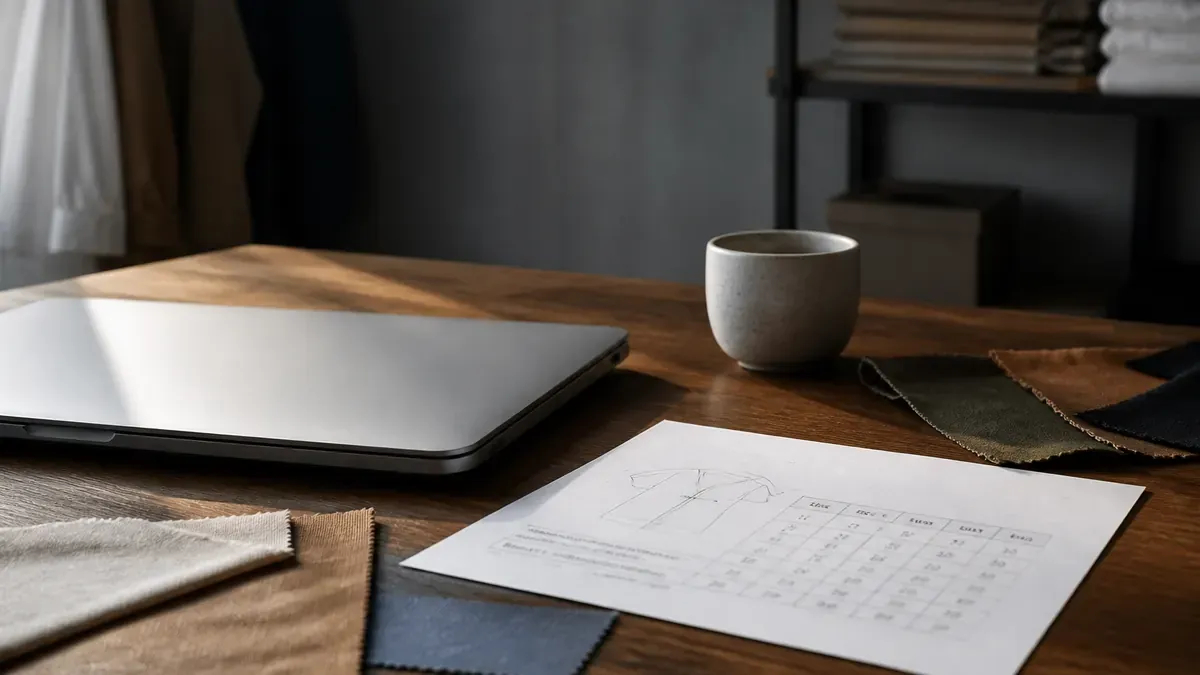 Closed laptop, fabric swatches, ceramic cup, and a printed size chart on a quiet studio desk ready for accurate customer replies