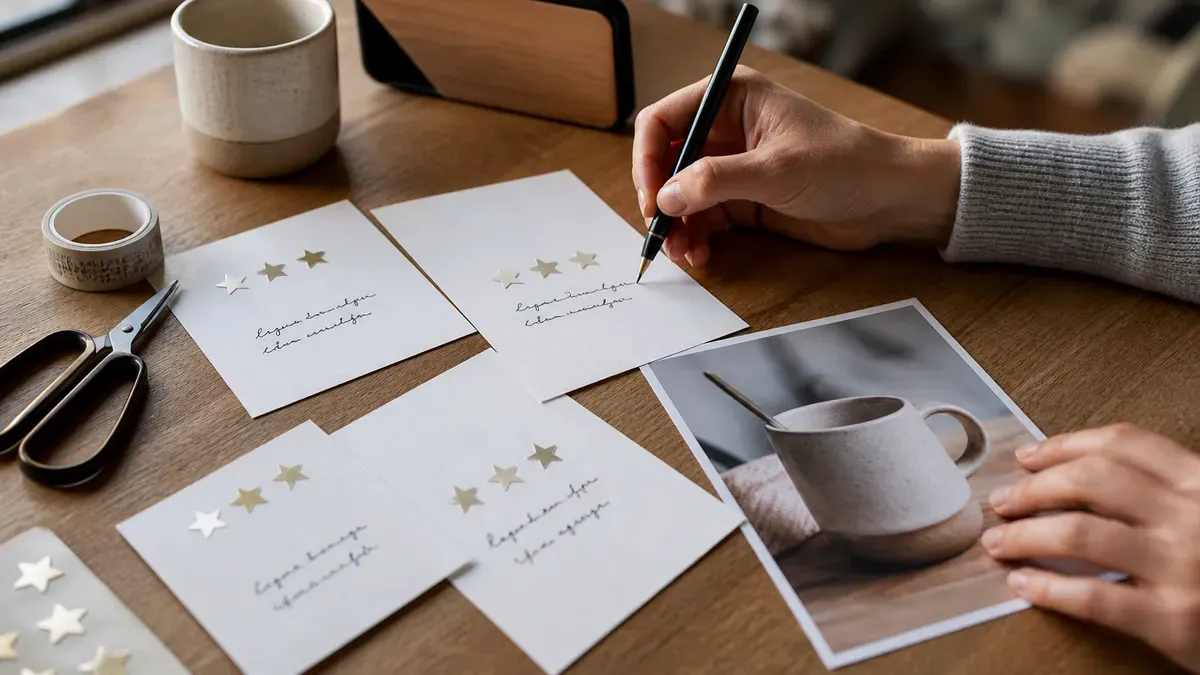 Hands assembling square quote cards with star stickers beside a printed ceramic mug photo, scissors, washi tape, and a phone