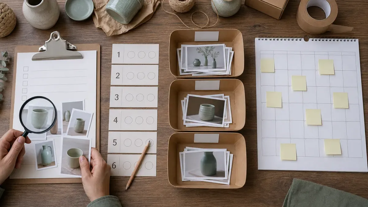 Overhead merchant desk showing a clipboard checklist, numbered score sheet, sorted photo trays, and a calendar with sticky notes