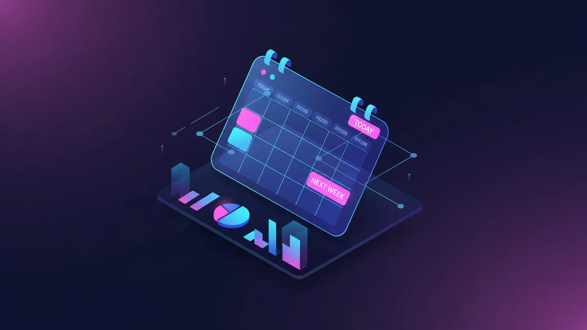 Abstract illustration of a digital scheduling dashboard for social media posts.