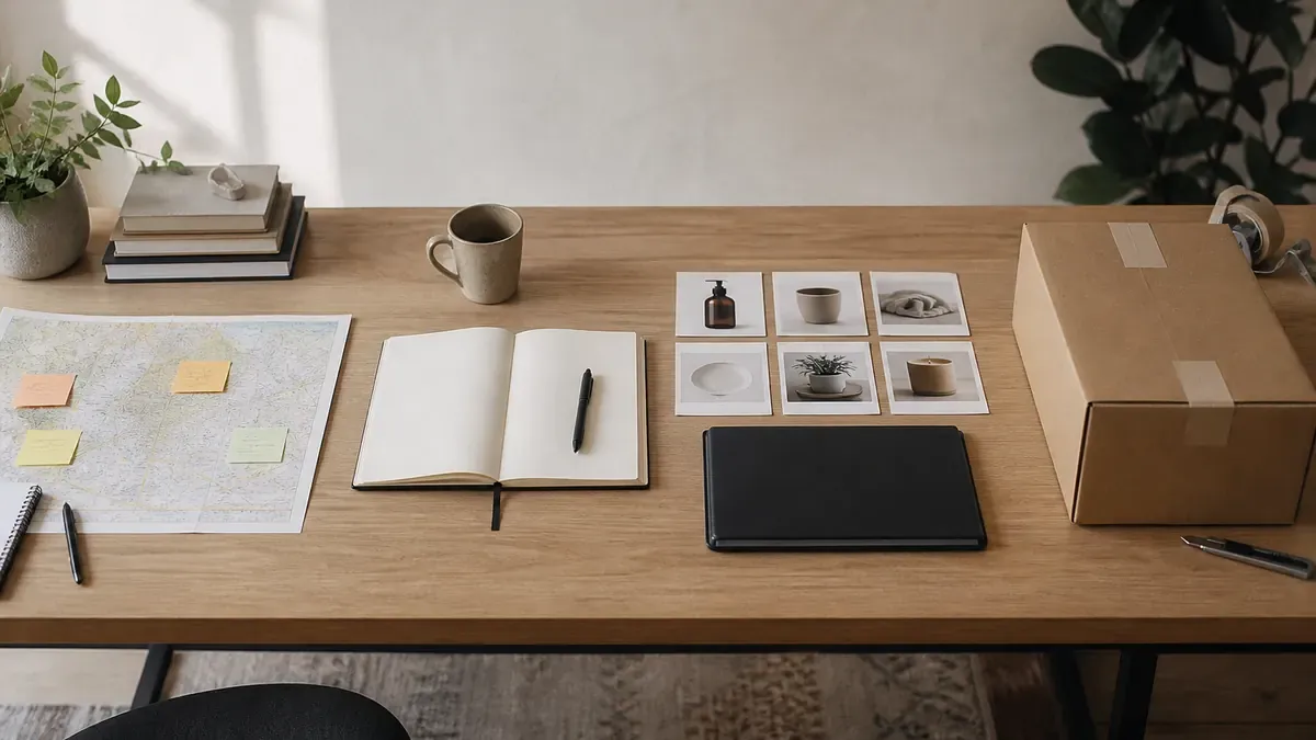 Four stations on a light oak table with research notes, a blank notebook, product photo cards, and a kraft shipping box for Scout-Speak-Sync-Sell