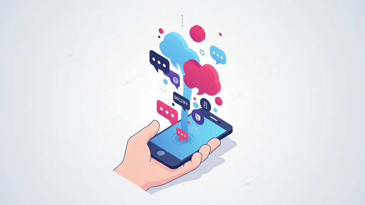 Illustration of a hand scrolling on a smartphone displaying engaging hook formats.