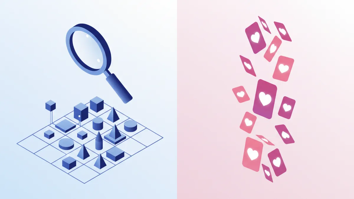 Conceptual illustration contrasting search-based shopping behavior with feed-based discovery shopping.