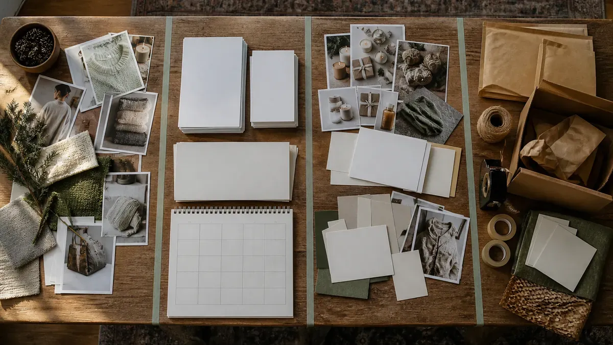 Four physical planning zones on a worktable showing seed inspiration, stacked drafts, peak product flats, and soft-landing shipping materials