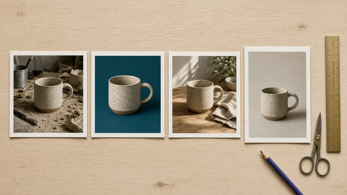 Overhead view of four photo prints of the same speckled stoneware mug in a row on a pale maple table: the mug on a cluttered clay-dusted studio bench, the mug alone on a solid deep teal background, the mug on a sunlit wooden kitchen counter beside a linen napkin, and a taller portrait print with extra plain grey background above and below the mug, with a brass ruler, scissors, and a purple-blue pencil beside them