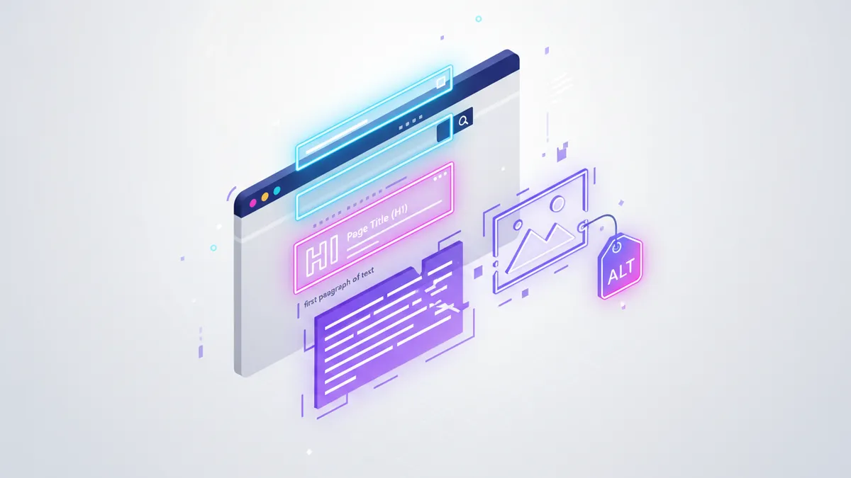Isometric diagram of a web browser window highlighting key SEO locations: URL, Title, First Paragraph, and Image Alt Text.