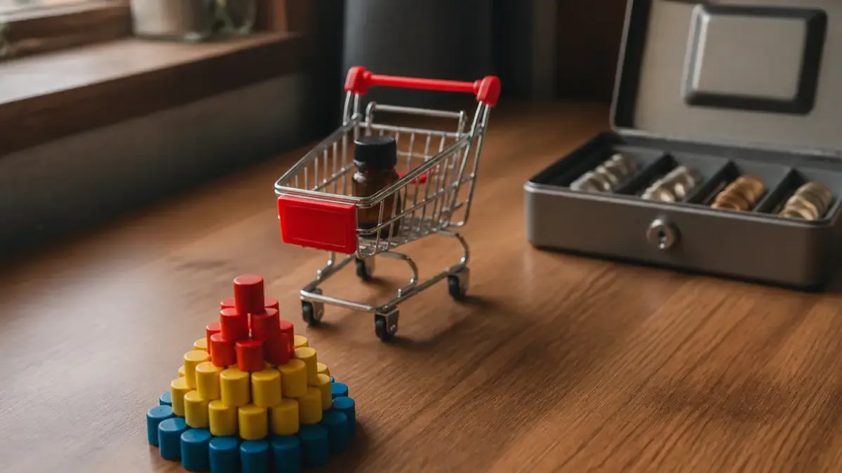 Wooden token stack, miniature shopping cart with a product bottle, and an open coin tray showing the path from traffic to cart to revenue