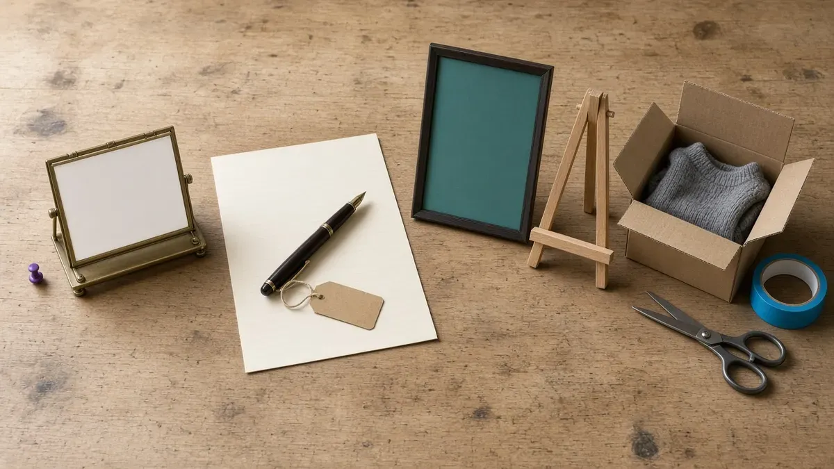 Overhead view of a worn oak workbench with four groups left to right: a small brass desk calendar with blank cards and a purple pushpin, a fountain pen on a cream sheet with a kraft tag, a dark frame holding a blank teal card on a tiny wooden easel, and an opened cardboard box with a folded grey sweater beside a roll of blue tape and scissors
