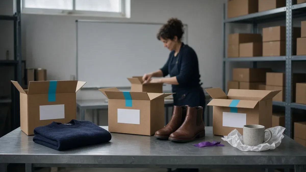 Steel returns table in a small stockroom with three opened parcels, each with a blank white label and a strip of blue tape, beside a folded navy sweater, brown leather ankle boots, and a speckled mug in tissue paper, while a woman in a dark apron packs an item into a smaller box in the blurred background