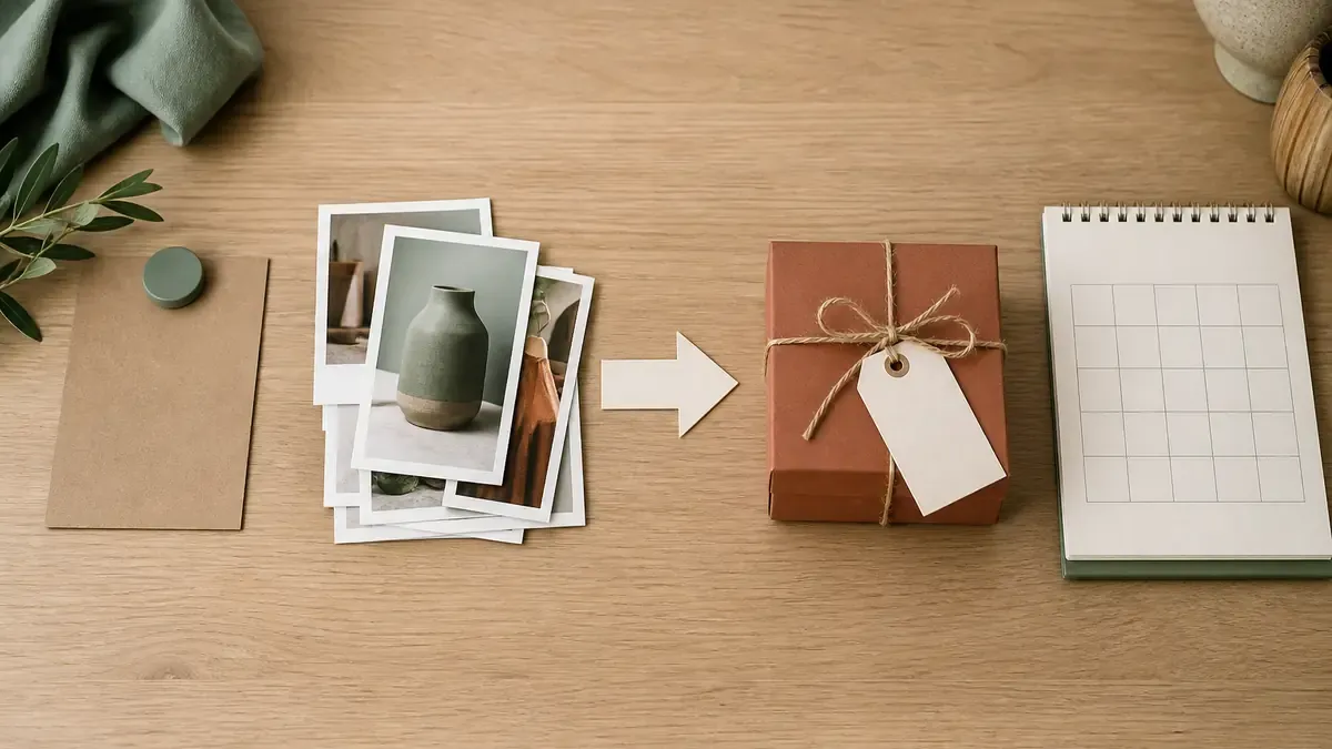 Four stations on a light oak table showing invite materials, product photo prints, a gift box with a blank tag, and a weekly calendar page for Setup-Signal-Steer-Sustain