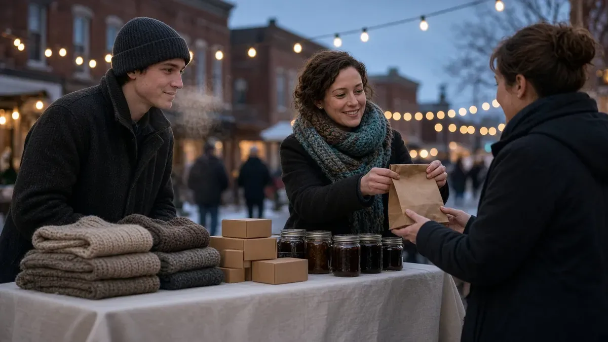 Two independent makers sharing a canvas-covered market stall at dusk under string lights, one handing a kraft bag to a customer beside knitwear, small boxes, and jars