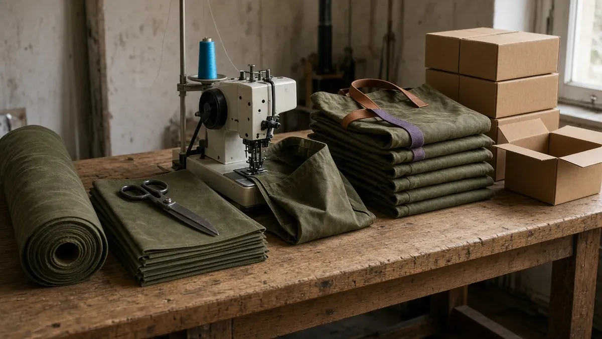 Production stages laid out left to right along a worn oak workbench: a rolled bolt of olive waxed canvas, a stack of cut canvas panels with steel shears on top, an industrial sewing machine with a cyan-blue thread cone and a half-sewn tote under the needle, a stack of finished olive totes with tan leather handles and one violet strap, and kraft shipping boxes stacked beside one empty open box
