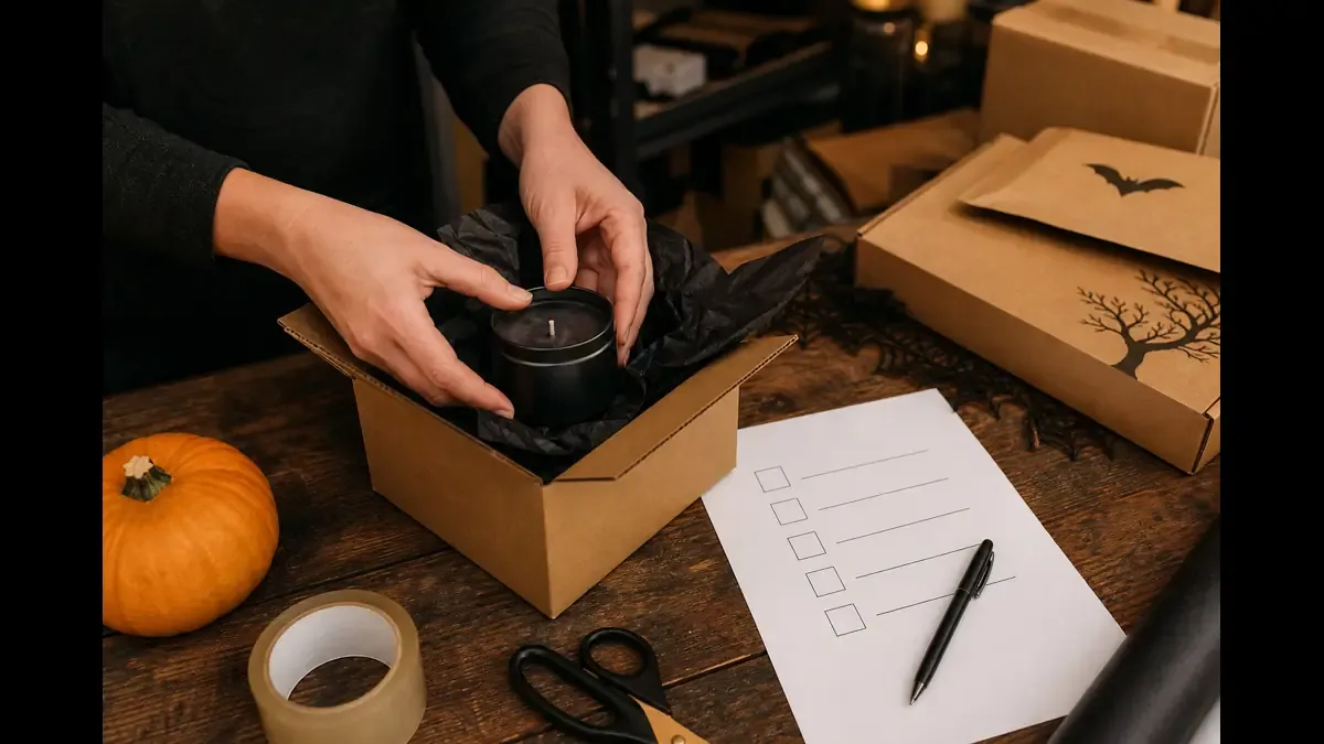 Hands packing a candle tin into a kraft Halloween order box beside packing supplies and a blank shipping checklist