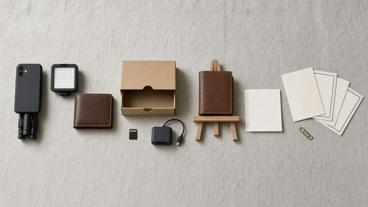 Overhead view of four object groups in a row on pale grey linen: a smartphone face down on a folded mini tripod with a small LED light panel and a brown leather wallet; a kraft archive box with the lid open beside an SD card and a small card reader with a short cable; the same wallet standing upright on a small wooden tabletop easel next to a folded blank white card; and four blank pale postcards fanned out, one edged in teal and one in purple, with a brass paper clip