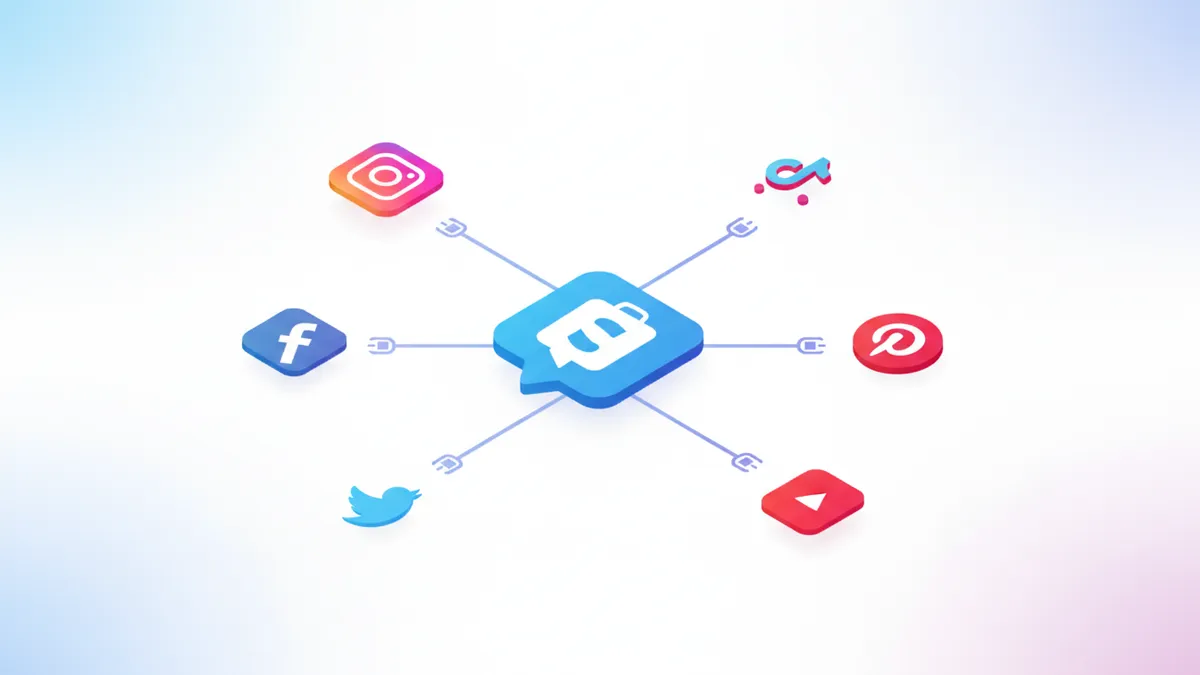 Shopify logo connected to social media platforms via app integrations.