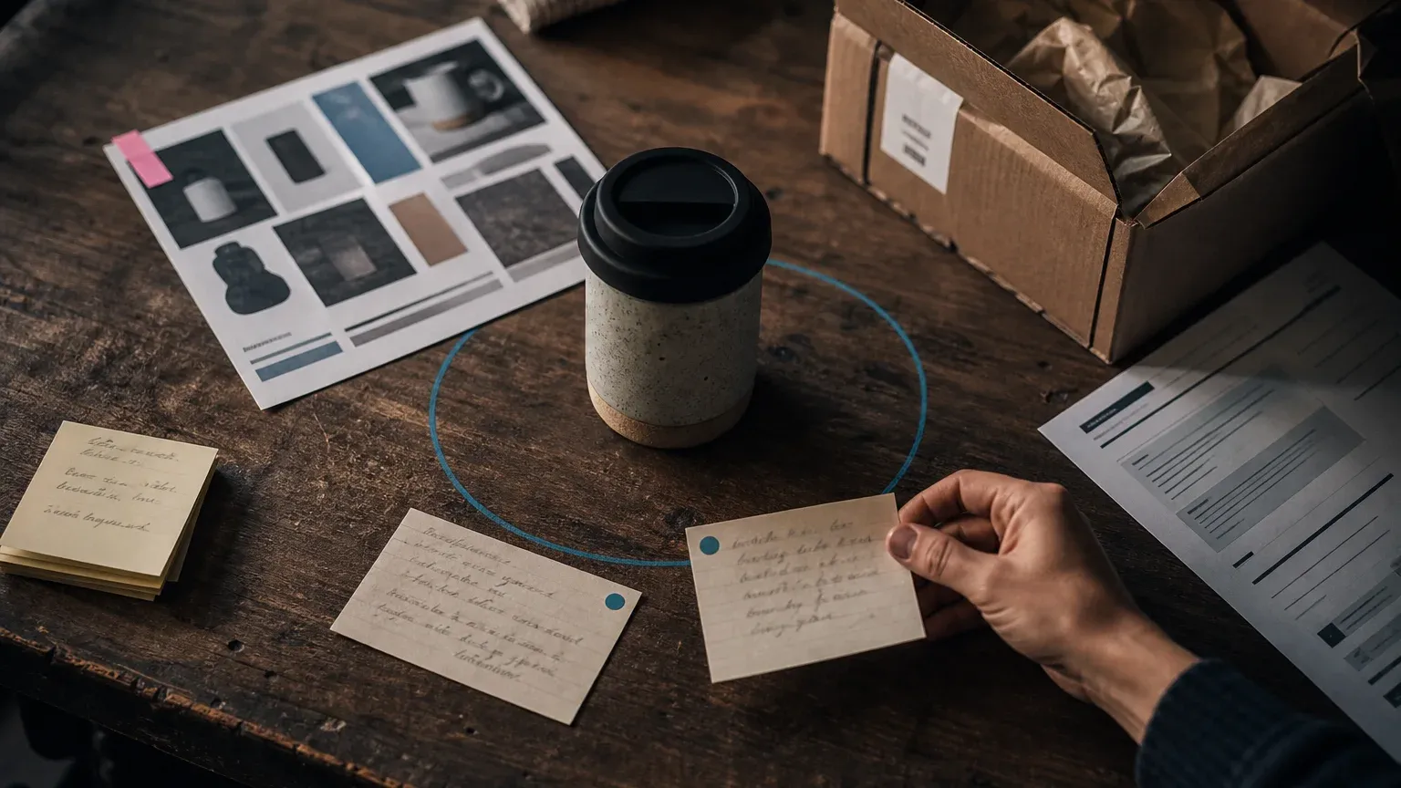 Shopify product, review cards, support notes, and fulfillment materials arranged as repeatable content sources