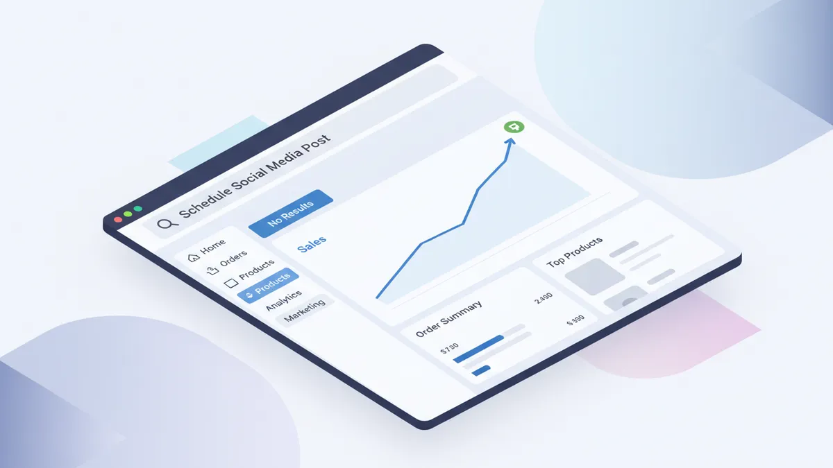 Shopify dashboard with a search for 'Schedule Social Media Post' returning no results.