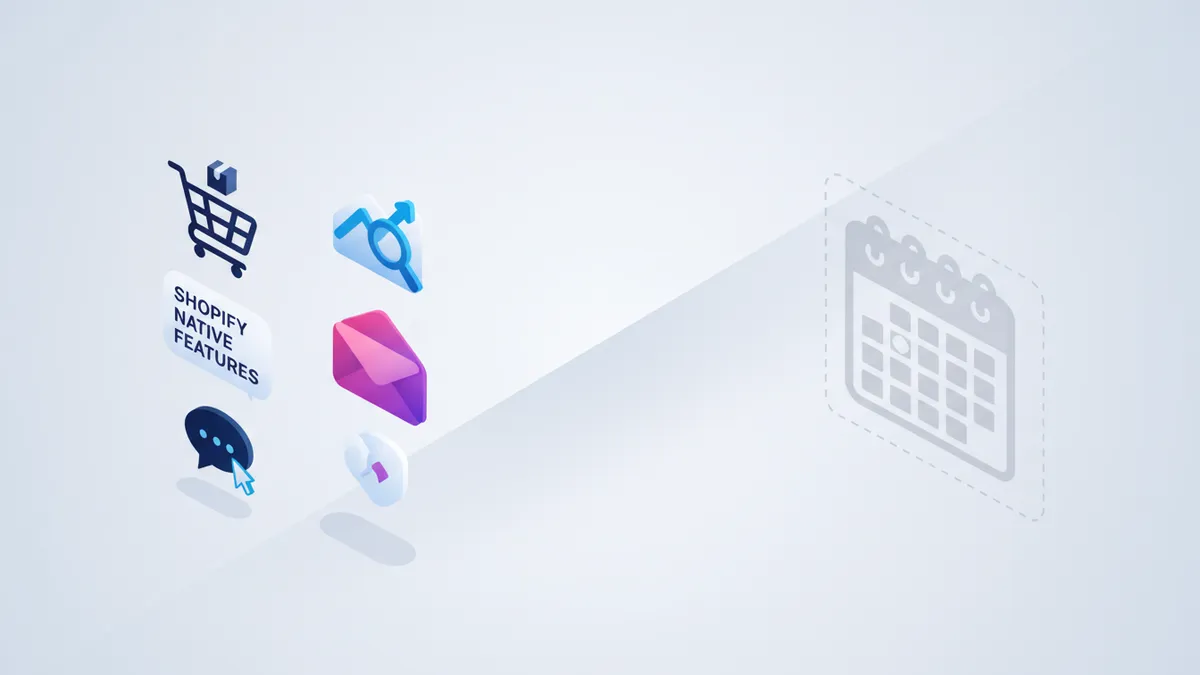 Isometric illustration showing Shopify's features versus a missing social media scheduler.