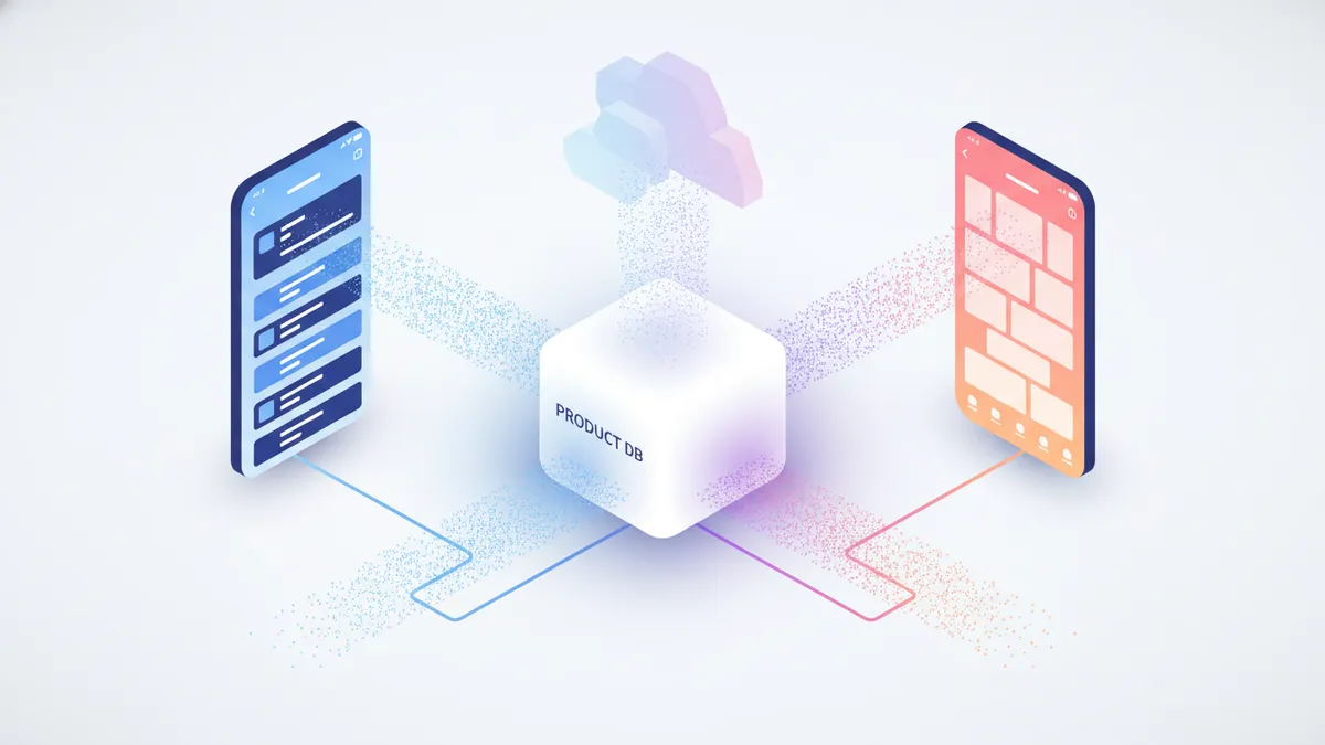 Illustration showing a central product catalog syncing data to both a Facebook Shop interface and an Instagram Shopping interface.
