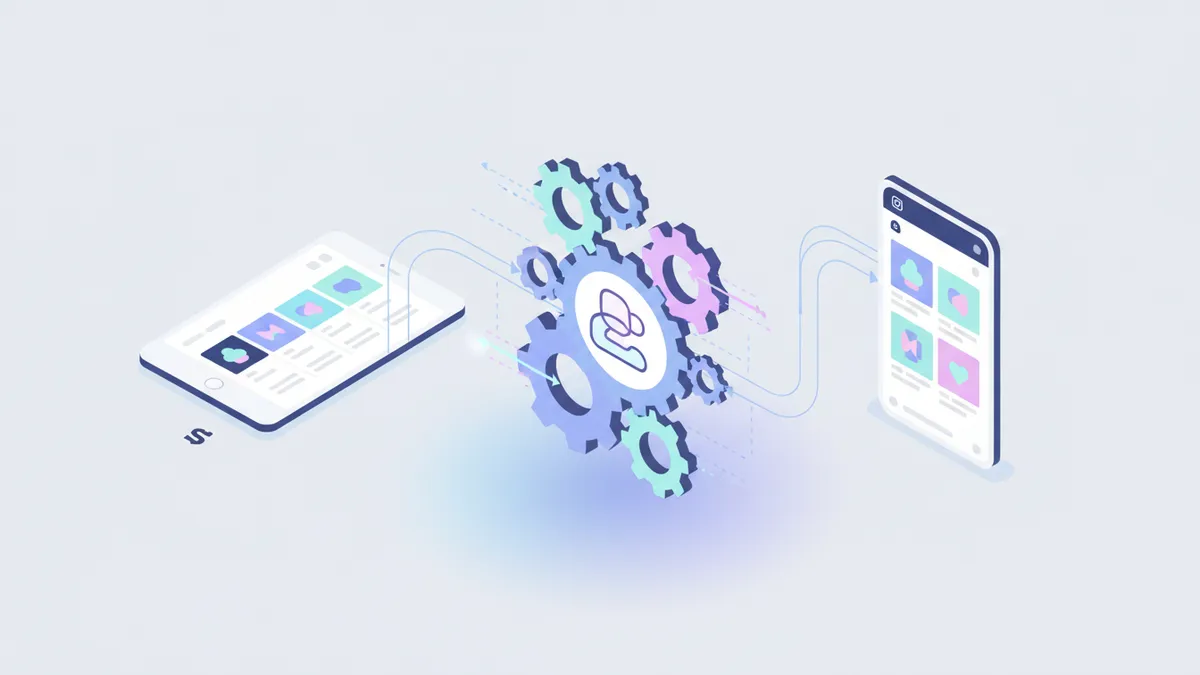 Isometric illustration showing Shopify products flowing through an automation hub to an Instagram feed.
