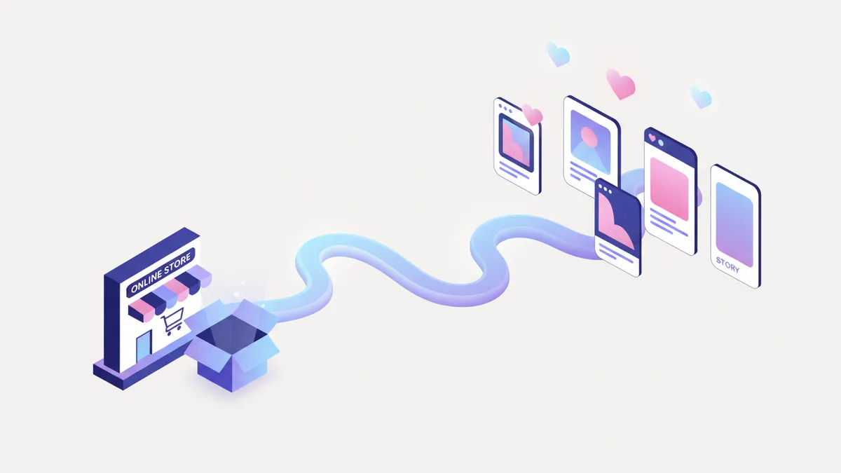 Illustration showing product data flowing from an online store and turning into social media posts.