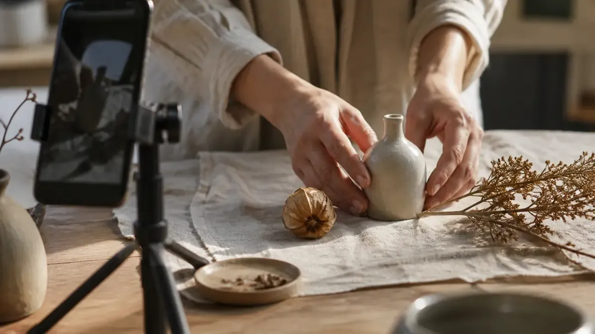 Hands styling a ceramic bottle with dried botanicals on linen beside a phone on a mini tripod ready for a shoppable product demo