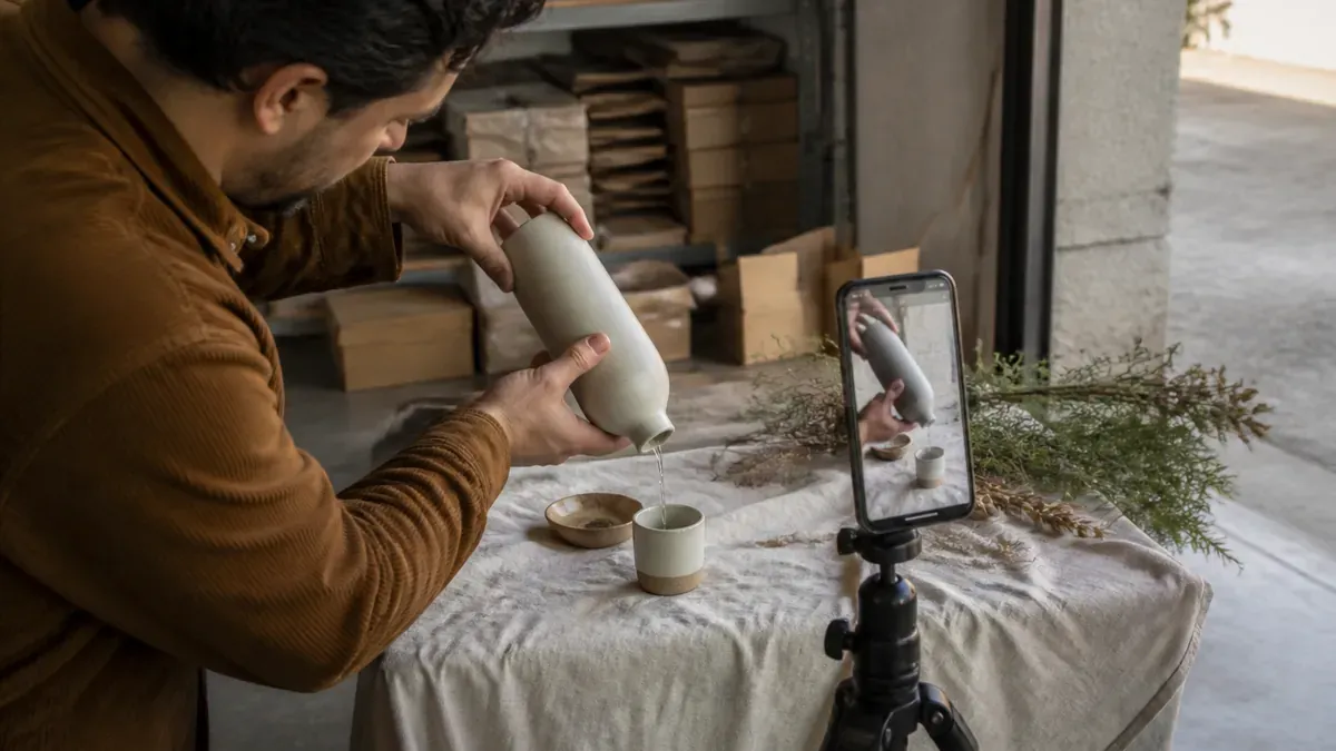 Merchant hands pouring from a ceramic bottle while a phone on a mini tripod captures a vertical product demo