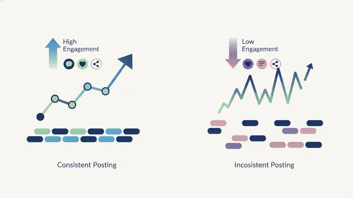 Infographic showing the relationship between social media consistency and engagement metrics.