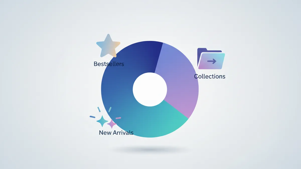 Pie chart visualization showing a recommended content mix: 40% bestsellers, 30% new arrivals, and 30% specific collections.
