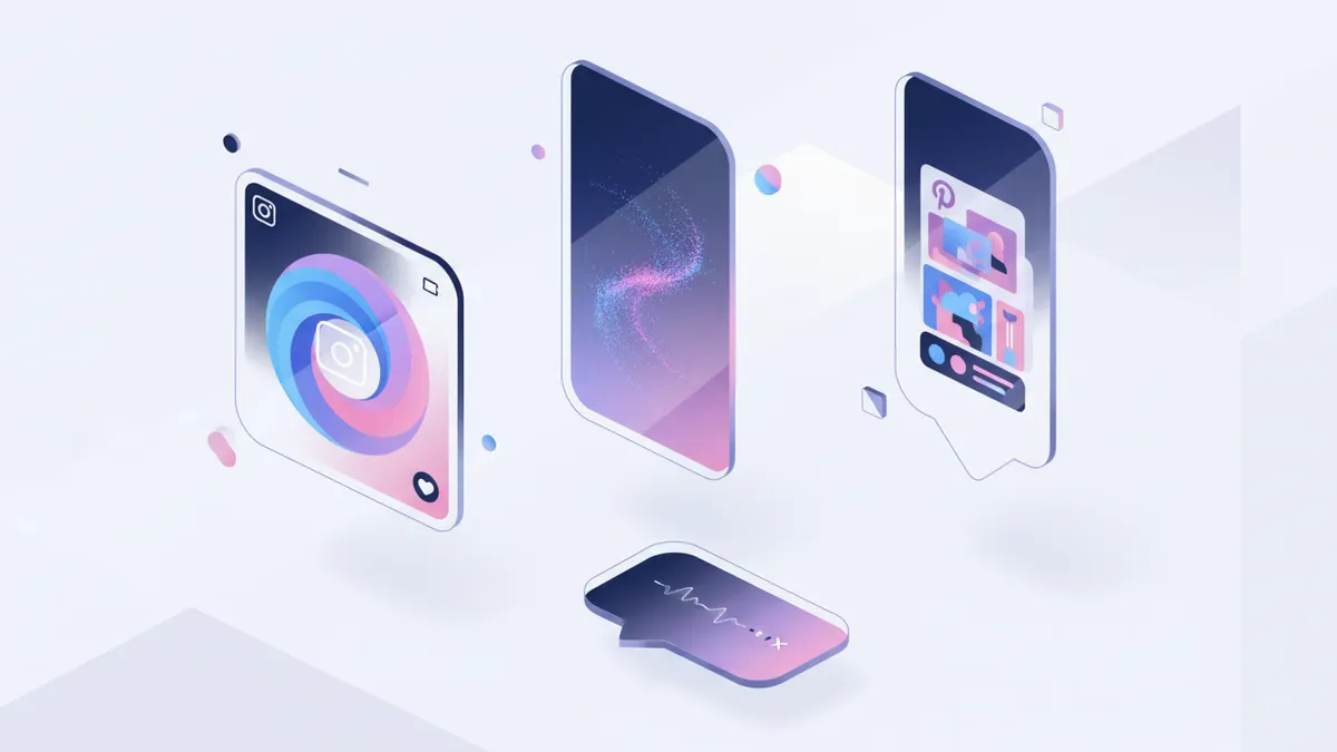 Abstract representation of different social media content formats including vertical video, square posts, and text bubbles.