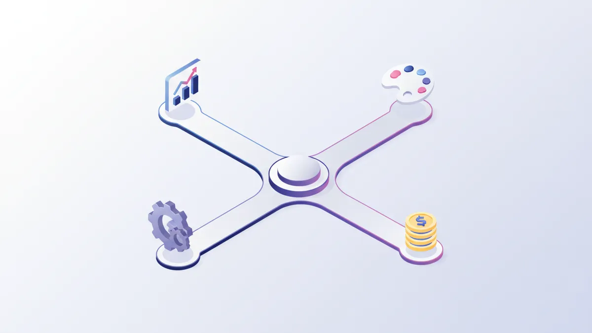 Illustration of a path splitting into different directions representing different software choices
