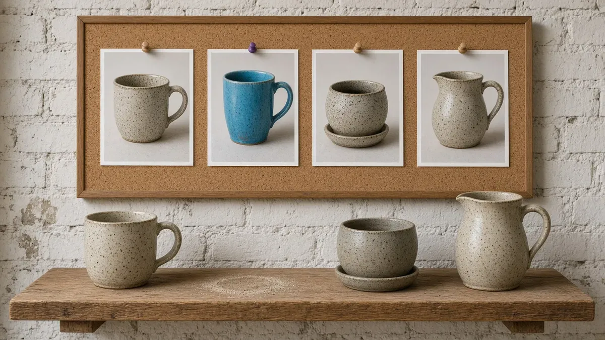 Cork pinboard on a whitewashed brick wall with four printed photos of a speckled mug, a cyan-blue mug held by a violet pin, a planter, and a pitcher, above a wooden shelf where the cyan-blue mug's spot is empty except for a ring in the clay dust