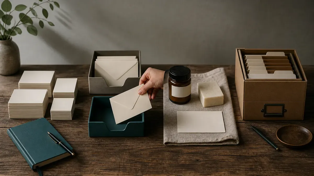 Four workbench stations showing sorted cards, a private message tray, a product sample with reply notes, and a file box for saved answers