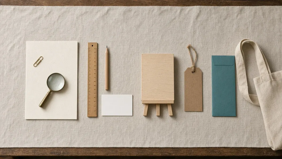 Overhead row of four still lifes on linen: a blank cream sheet with a brass clip and magnifying glass, a wooden ruler with a pencil and blank index card, a blank wooden sign on a tiny easel beside a kraft tag, and a teal gift-card envelope next to a canvas tote handle