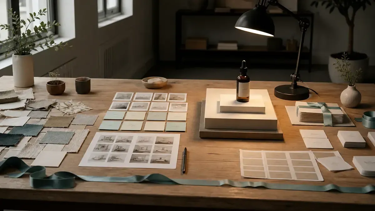 Four physical planning zones on a worktable showing fabric swatches, contact sheets, a spotlighted product, and thank-you cards for a launch sequence