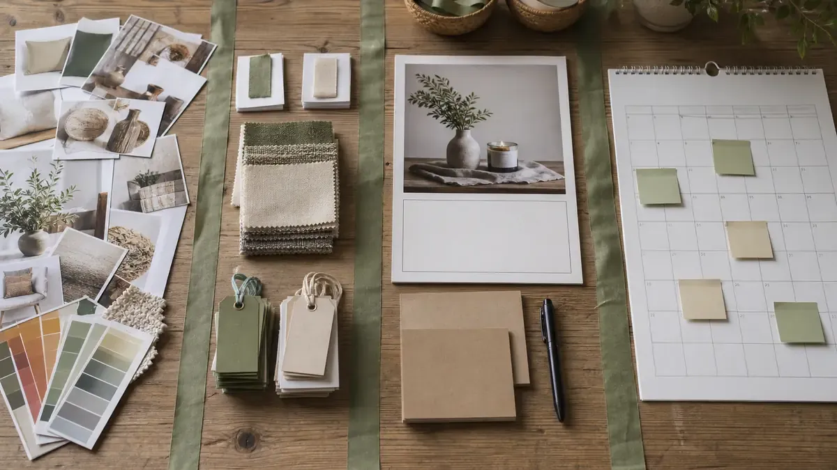 Four worktable stations with photo clippings, sorted swatches, kraft script cards, and a blank weekly calendar for pin planning