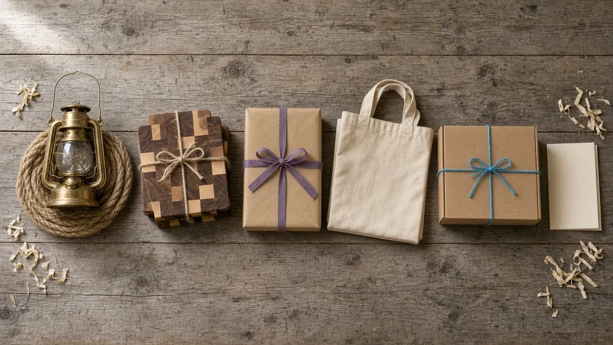 Overhead view of a weathered oak workbench with objects in one row: a brass camping lantern on a coil of jute rope, a stack of end-grain cutting boards tied with twine, a cutting board wrapped in kraft paper with a violet ribbon beside a canvas tote bag, and a kraft shipping box tied with cyan-blue twine beside a blank cream card, standing for spotting the booth, stocking it, selling, and staying in touch