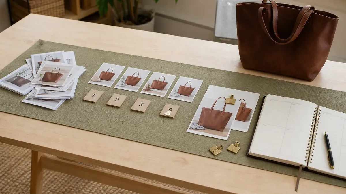 Four desk stations with stacked tote photos, numbered slide order, tagged product prints, and an open planner for Stack-Sequence-Tag-Send