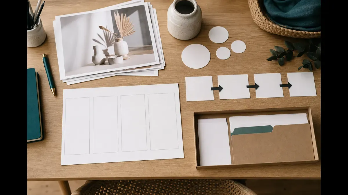 Overhead merchant desk with stacked photo prints, blank circular sticker cutouts, a four-step arrow card sequence, and a highlight card tray