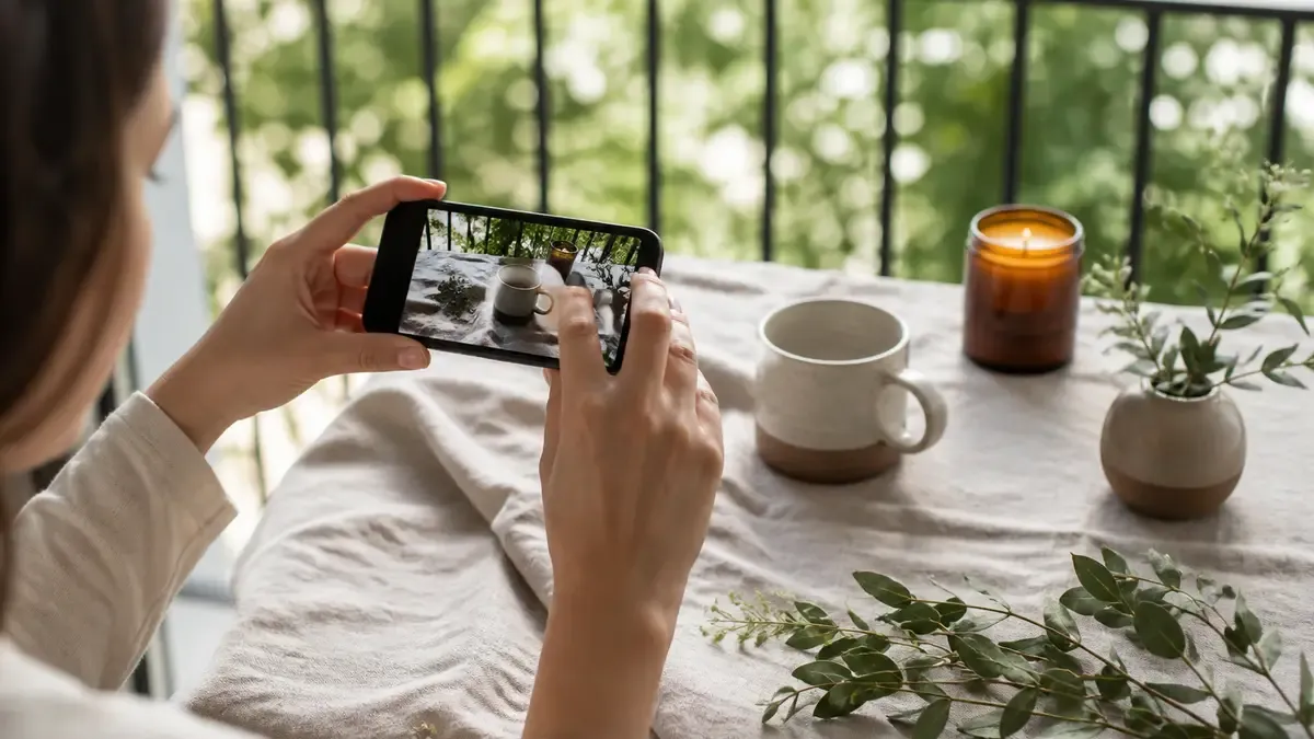 Merchant filming a ceramic mug and candle on linen outdoors with a phone held horizontally in soft daylight