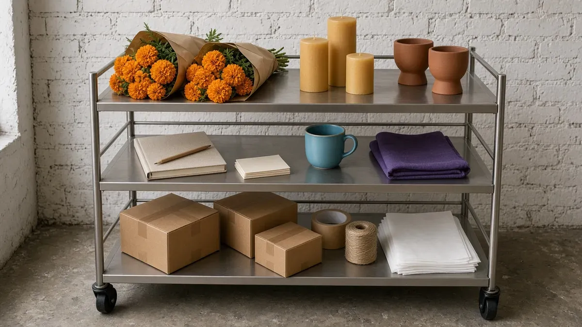 Steel rolling cart in three tiers for Stock · Story · Serve: marigolds in kraft paper, beeswax candles, and terracotta holders on top; a notebook, blank cards, and a blue mug in the middle; sealed shipping boxes, tape, and twine on the bottom