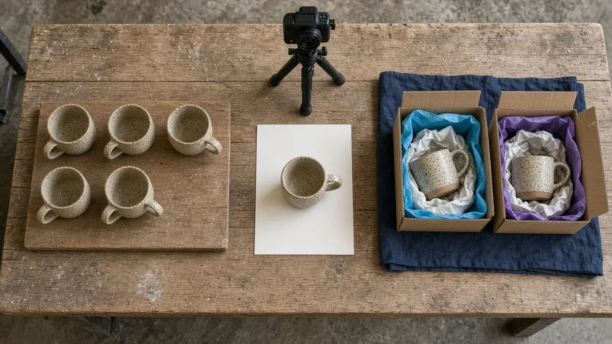 Overhead view of an oak studio table in three stations: a wooden tray of speckled stoneware mugs with one empty space, a single matching mug on cream paper in front of a small camera on a tripod, and two shipping boxes lined with cyan-blue and violet tissue, each holding the same wrapped mug